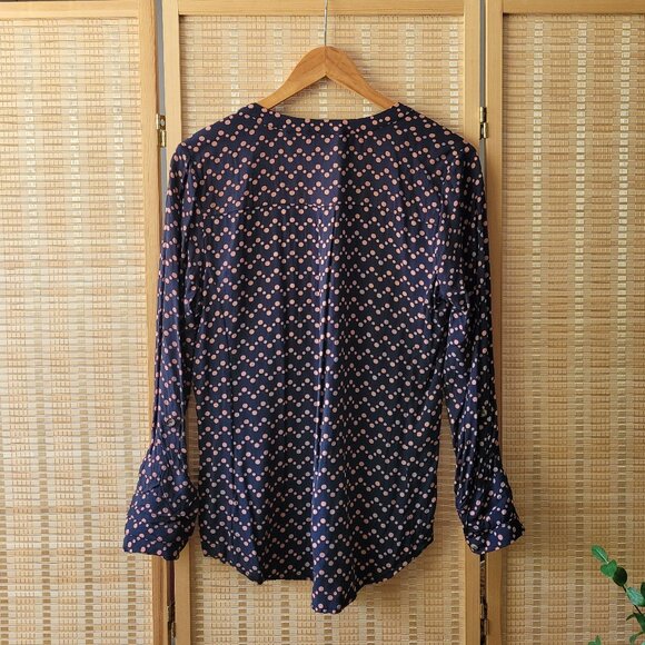 ANTHROLOGIE MAEVE Navy Blouse Button Pink Dots - Picture 2 of 5
